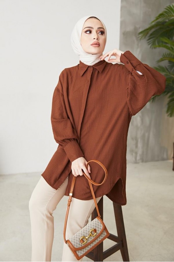 Balon Kol Salaş Gömlek Kahve 61446 Balon Kol Salaş Gömlek Kahve 61446