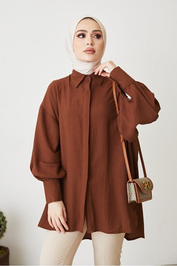 Balon Kol Salaş Gömlek Kahve 61446 Balon Kol Salaş Gömlek Kahve 61446