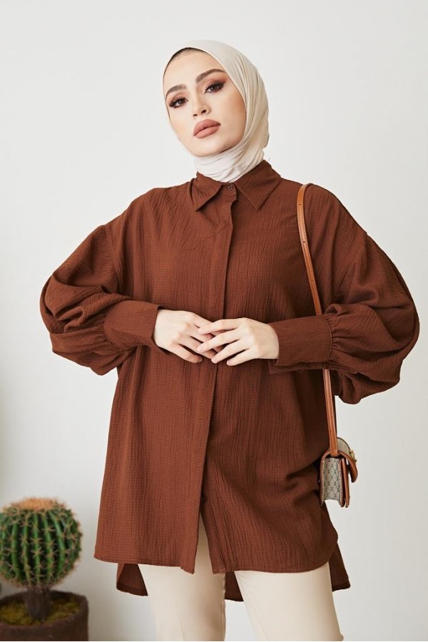 Balon Kol Salaş Gömlek Kahve 61446 Balon Kol Salaş Gömlek Kahve 61446