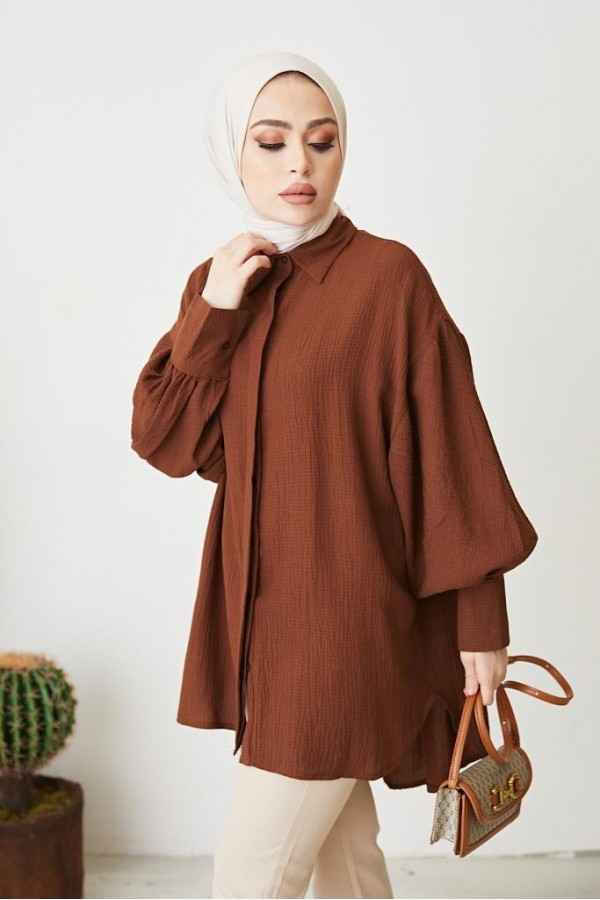 Balon Kol Salaş Gömlek Kahve 61446 Balon Kol Salaş Gömlek Kahve 61446
