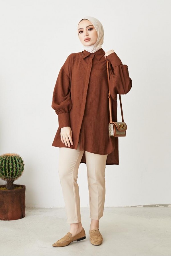 Balon Kol Salaş Gömlek Kahve 61446 Balon Kol Salaş Gömlek Kahve 61446