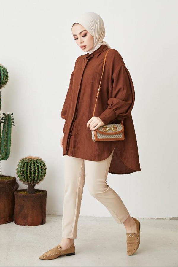 Balon Kol Salaş Gömlek Kahve 61446 Balon Kol Salaş Gömlek Kahve 61446