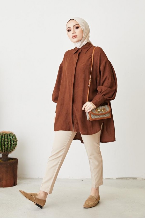 Balon Kol Salaş Gömlek Kahve 61446 Balon Kol Salaş Gömlek Kahve 61446