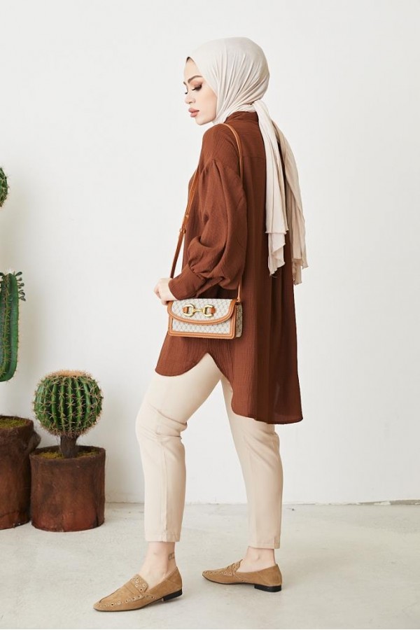 Balon Kol Salaş Gömlek Kahve 61446 Balon Kol Salaş Gömlek Kahve 61446