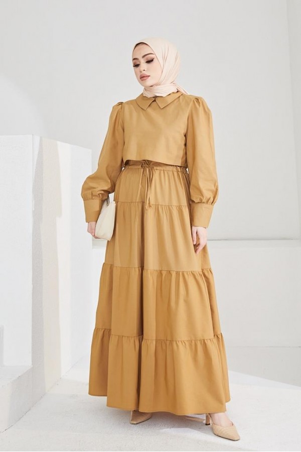  Uzun Tesettür Elbise Camel 61458