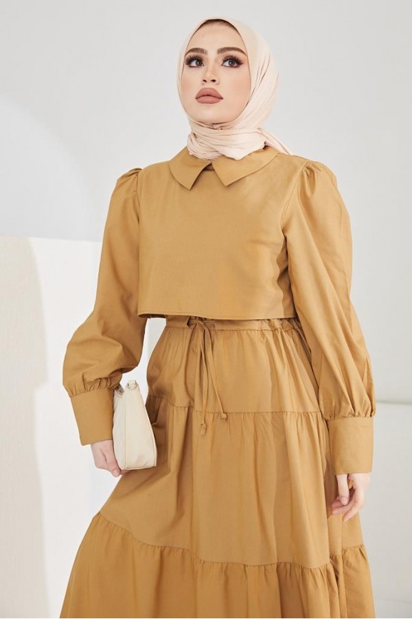  Uzun Tesettür Elbise Camel 61458