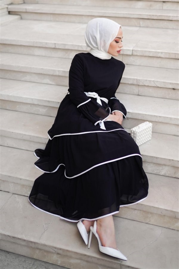  Kat Kat Şifon Elbise Siyah 9016