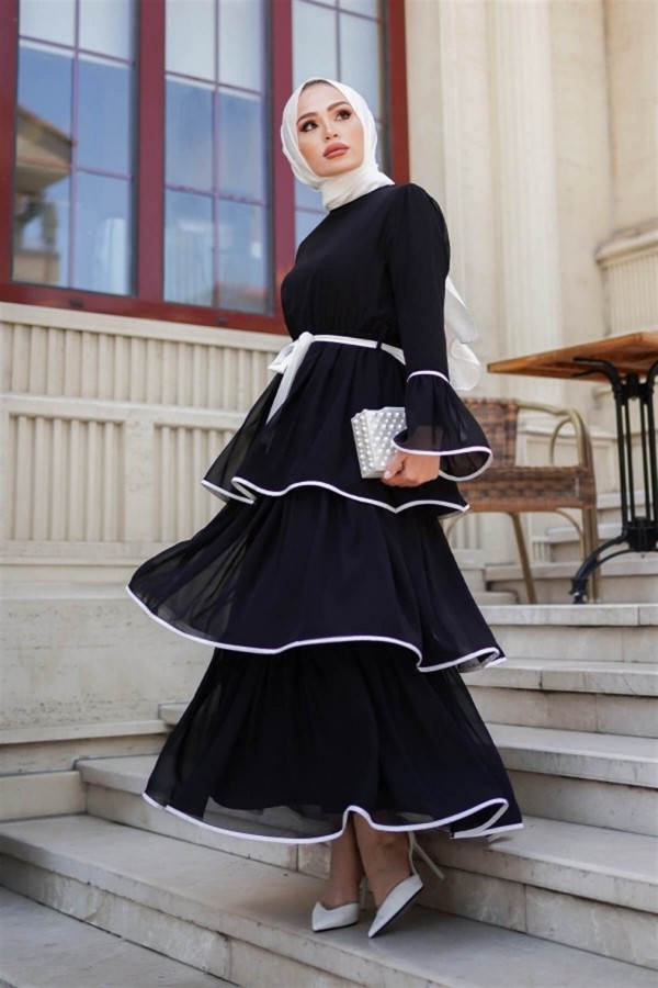  Kat Kat Şifon Elbise Siyah 9016