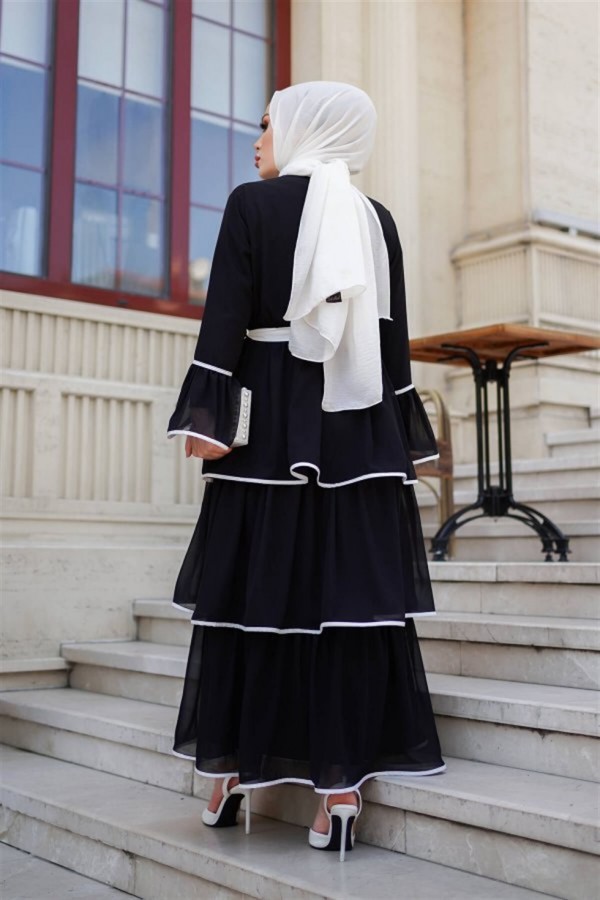  Kat Kat Şifon Elbise Siyah 9016