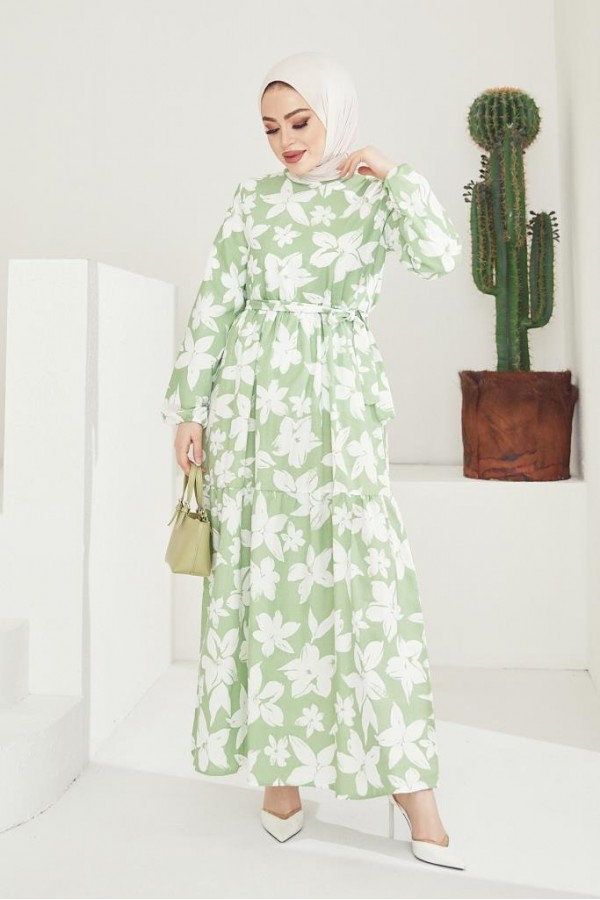  Çiçek Desenli Tesettür Elbise Yeşil 408