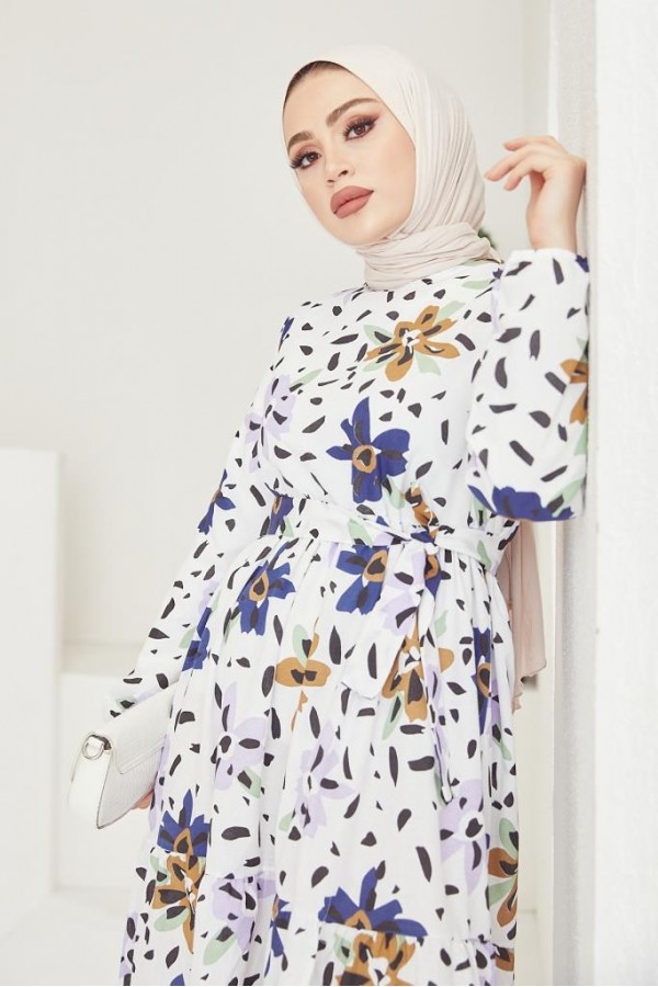  Desenli Tesettür Elbise Lacivert 409