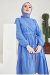 411 Sıfır Yaka Beli Kuşaklı Tesettür Elbise Mavi