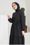 411 Sıfır Yaka Beli Kuşaklı Tesettür Elbise Siyah
