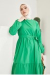 411 Sıfır Yaka Beli Kuşaklı Tesettür Elbise Yeşil