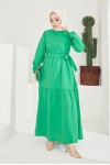 411 Sıfır Yaka Beli Kuşaklı Tesettür Elbise Yeşil
