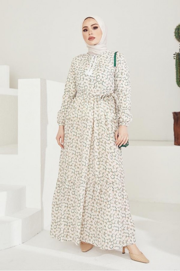  Yakası Bağcıklı Papatya Desen Elbise Bej 2019