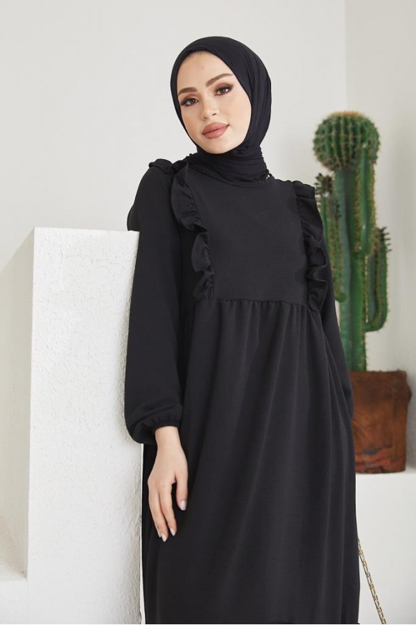 Fırfır Detaylı Aerobin Elbise Siyah 2202