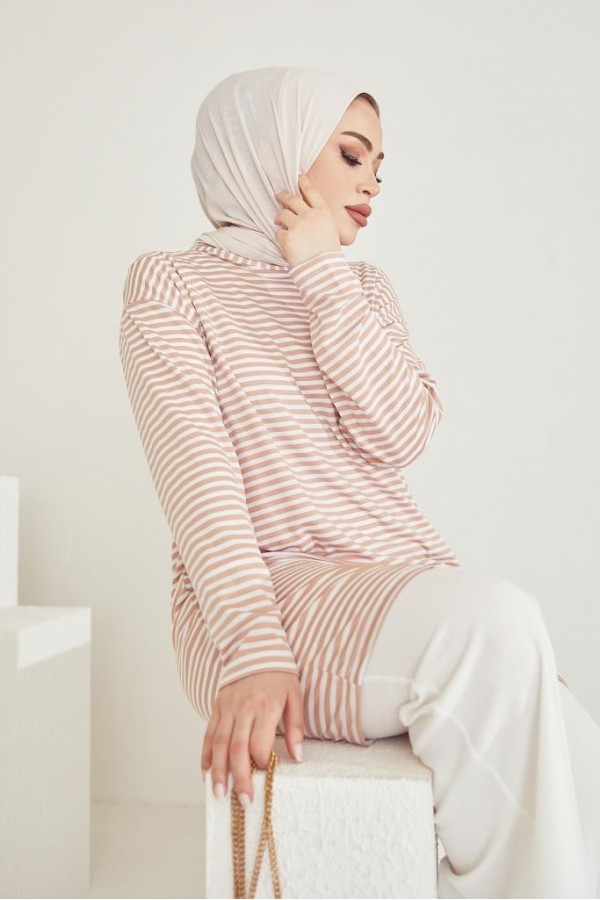  Çizgili Tunik Bej 533