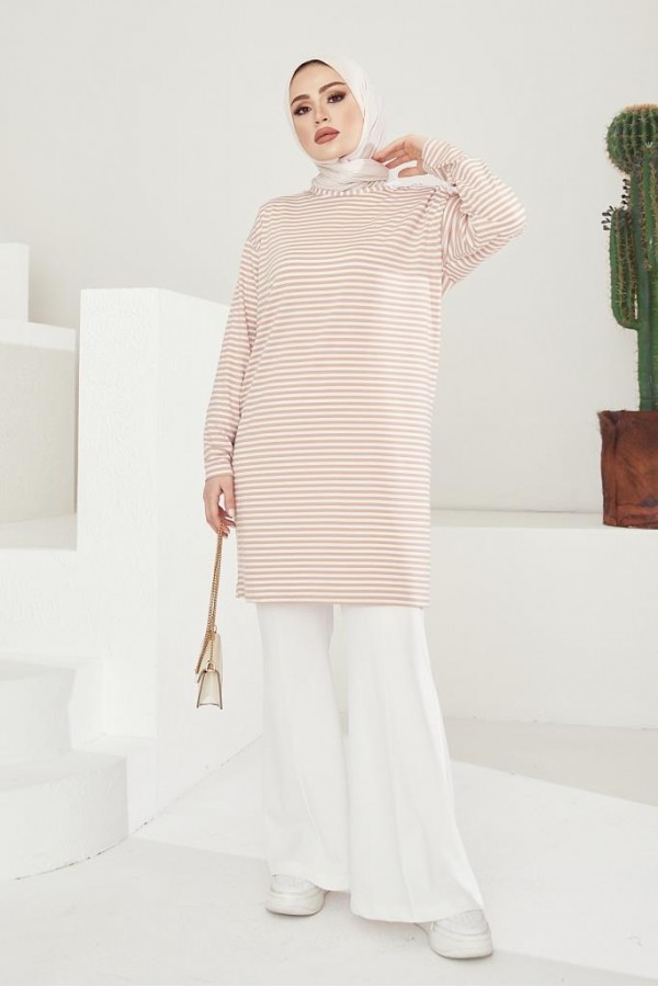  Çizgili Tunik Bej 533