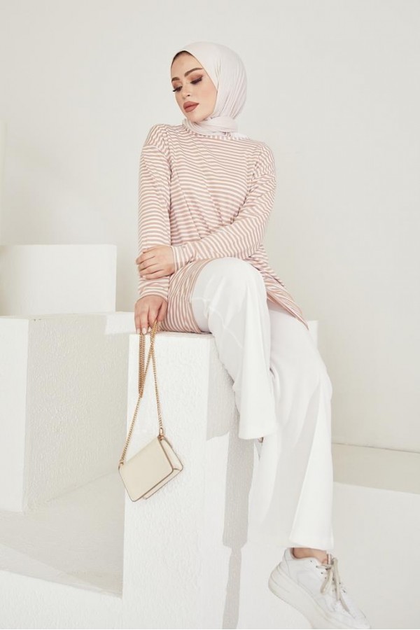  Çizgili Tunik Bej 533