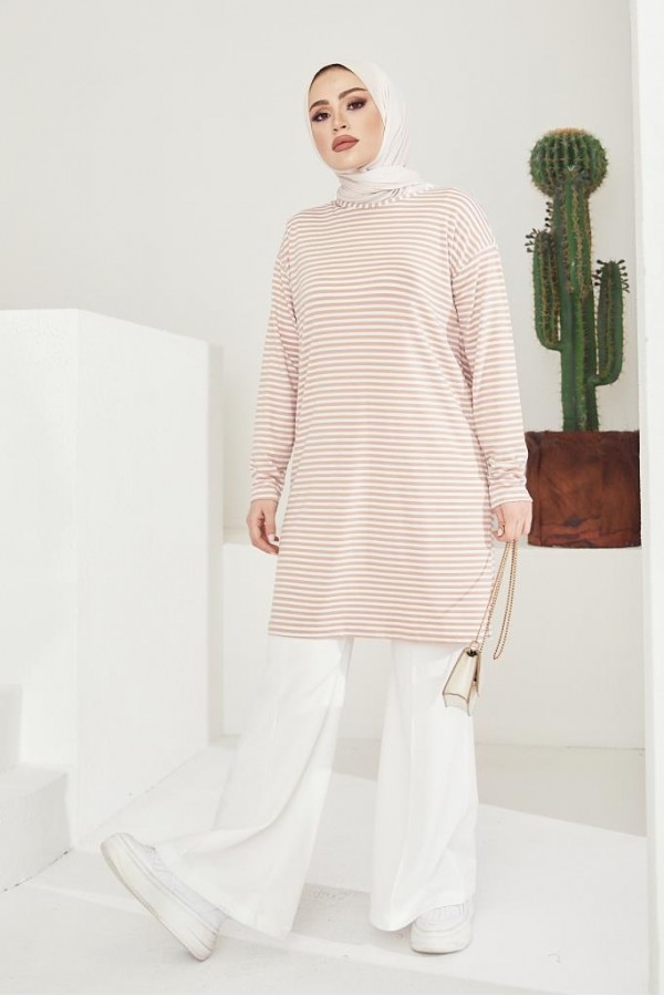  Çizgili Tunik Bej 533