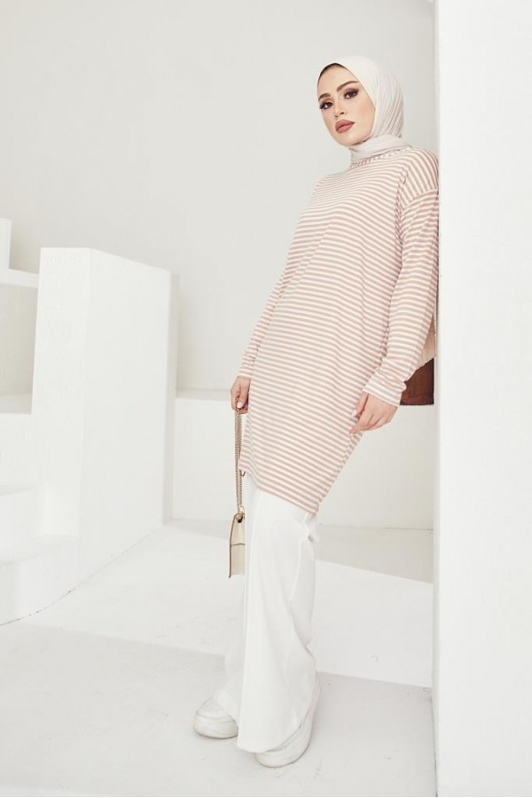  Çizgili Tunik Bej 533
