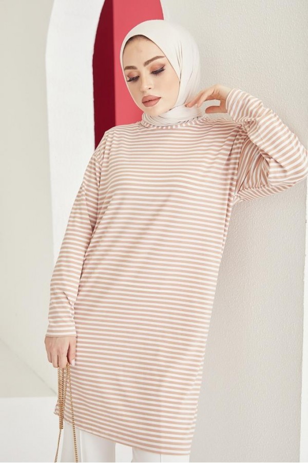  Çizgili Tunik Bej 533