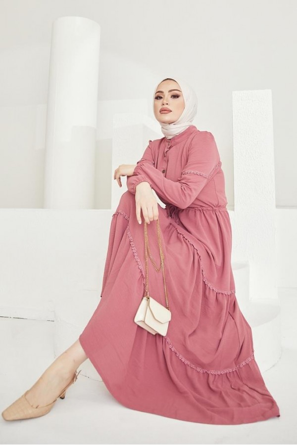  Güpür Detaylı Tesettür Elbise Gül Kurusu 6601-1