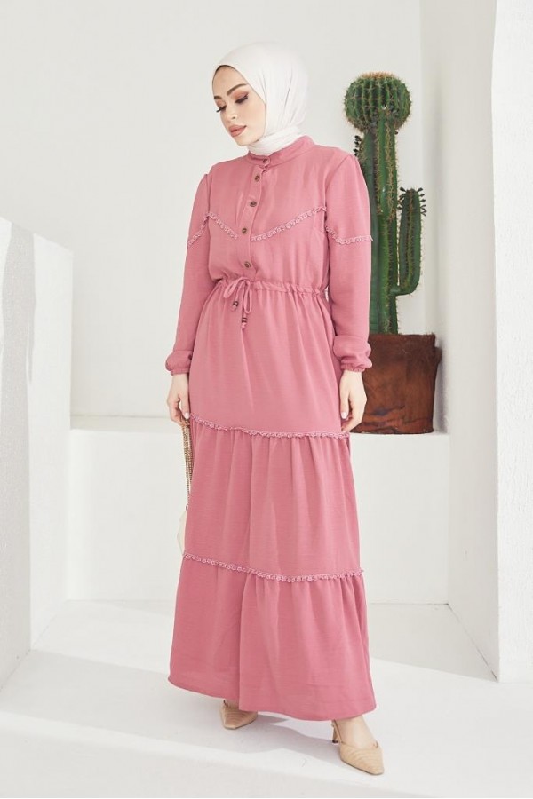  Güpür Detaylı Tesettür Elbise Gül Kurusu 6601-1