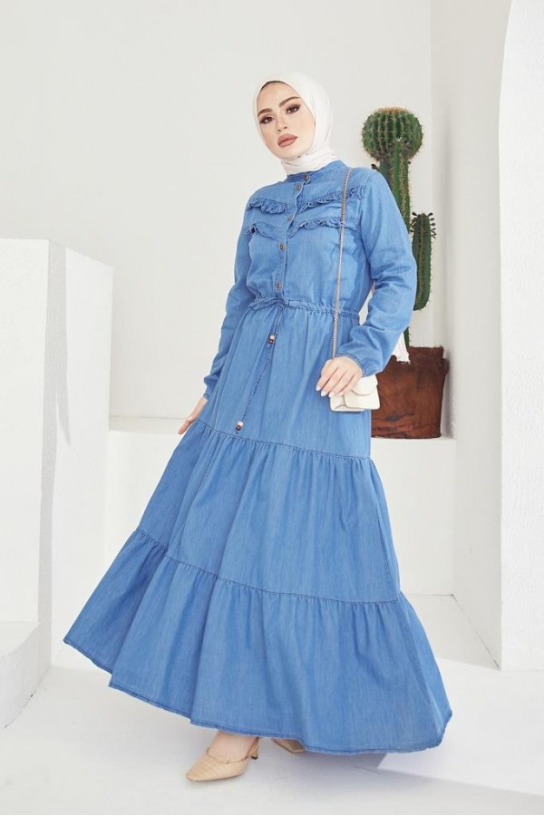  Kot Tesettür Elbi̇se Mavi 6717