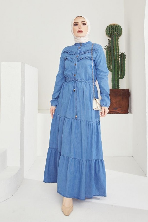  Kot Tesettür Elbi̇se Mavi 6717