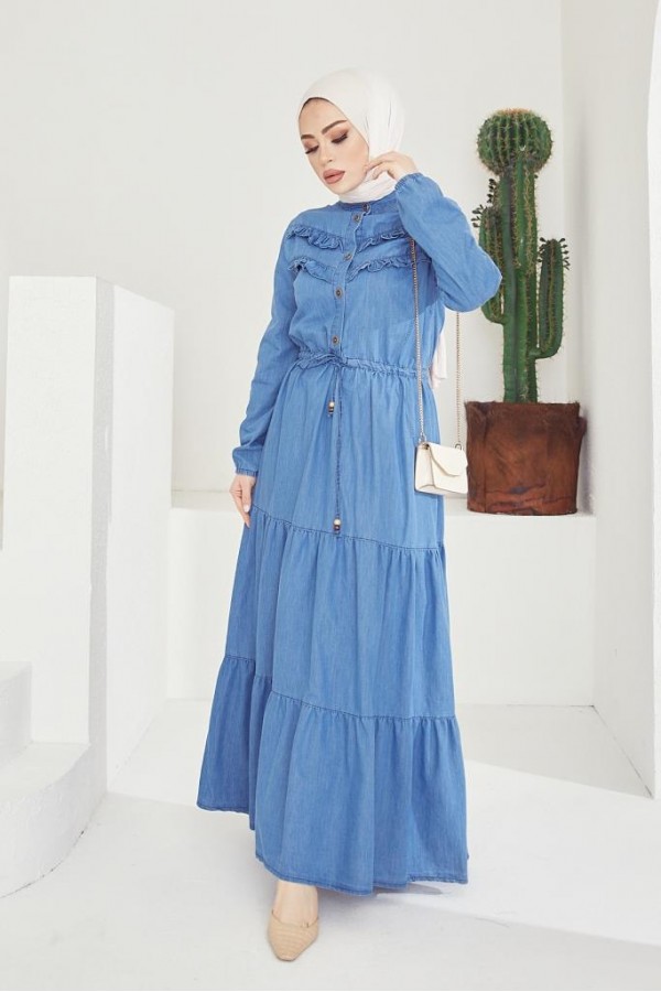  Kot Tesettür Elbi̇se Mavi 6717