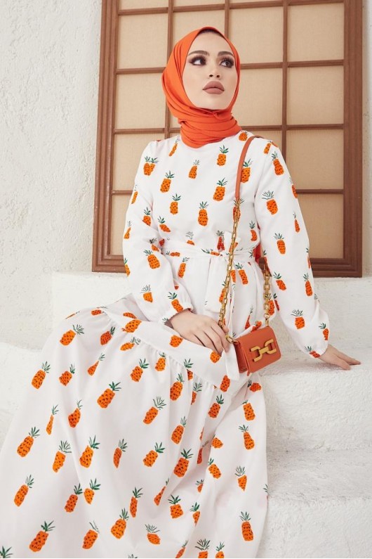 417 Ananas Desenli Tesettür Elbise Oranj