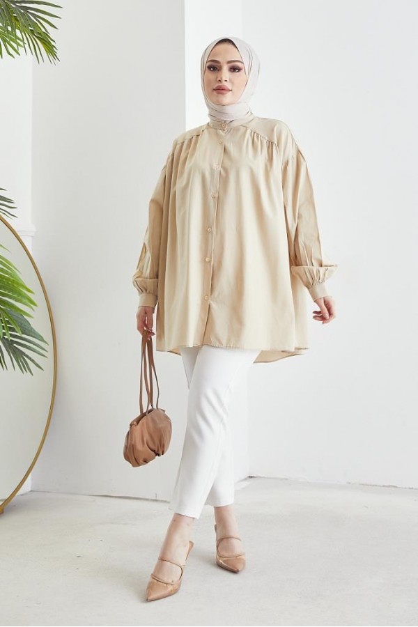  Hakim Yaka Balon Kol Salaş Tesettür Gömlek Bej 61378