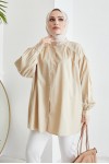  Hakim Yaka Balon Kol Salaş Tesettür Gömlek Bej 61378