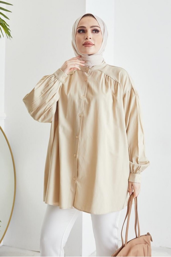  Hakim Yaka Balon Kol Salaş Tesettür Gömlek Bej 61378