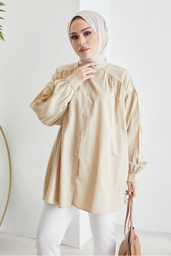 Hakim Yaka Balon Kol Salaş Tesettür Gömlek Bej 61378