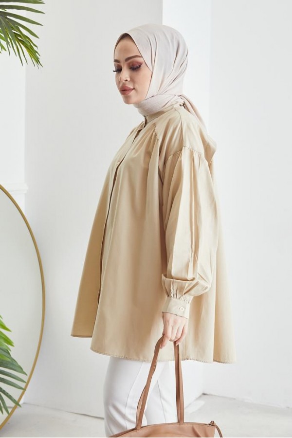  Hakim Yaka Balon Kol Salaş Tesettür Gömlek Bej 61378