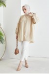  Hakim Yaka Balon Kol Salaş Tesettür Gömlek Bej 61378