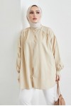  Hakim Yaka Balon Kol Salaş Tesettür Gömlek Bej 61378