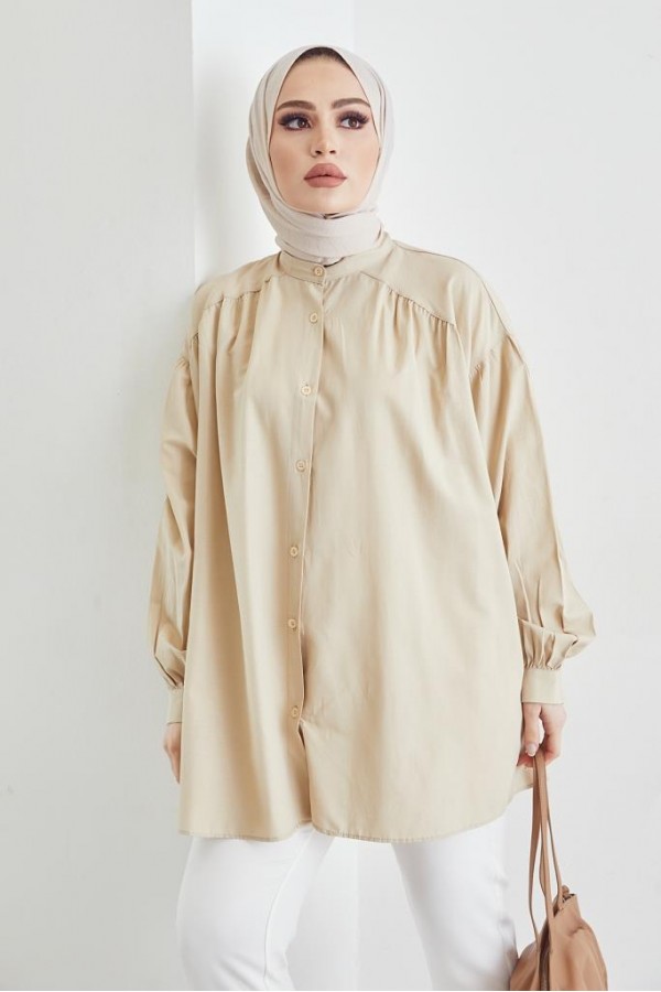  Hakim Yaka Balon Kol Salaş Tesettür Gömlek Bej 61378