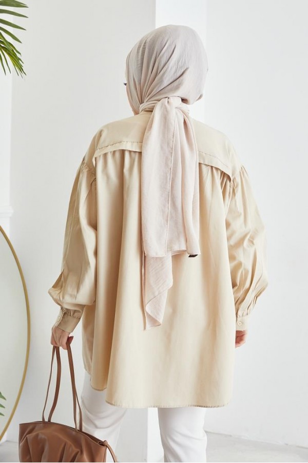  Hakim Yaka Balon Kol Salaş Tesettür Gömlek Bej 61378