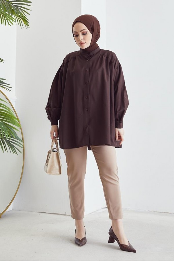  Hakim Yaka Balon Kol Salaş Tesettür Gömlek Kahve 61378