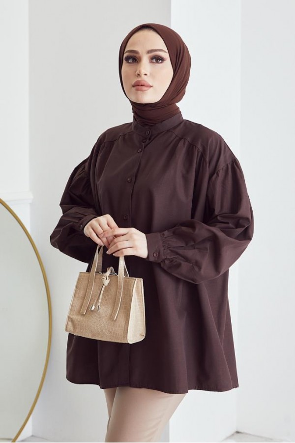  Hakim Yaka Balon Kol Salaş Tesettür Gömlek Kahve 61378