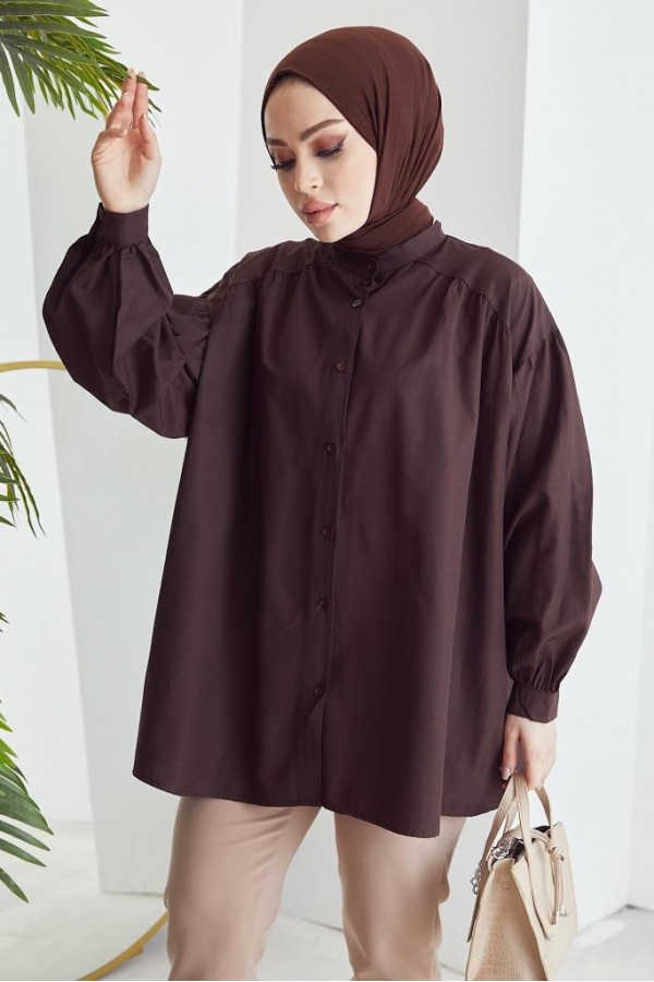  Hakim Yaka Balon Kol Salaş Tesettür Gömlek Kahve 61378