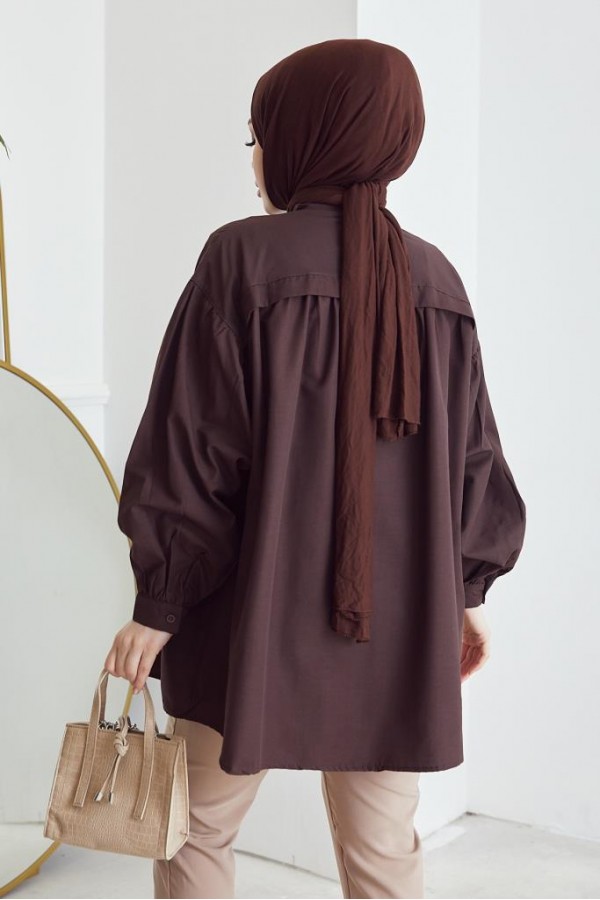  Hakim Yaka Balon Kol Salaş Tesettür Gömlek Kahve 61378