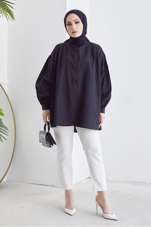 Hakim Yaka Balon Kol Salaş Tesettür Gömlek Siyah 61378 Hakim Yaka Balon Kol Salaş Tesettür Gömlek Siyah 61378