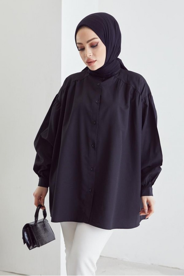 Hakim Yaka Balon Kol Salaş Tesettür Gömlek Siyah 61378 Hakim Yaka Balon Kol Salaş Tesettür Gömlek Siyah 61378
