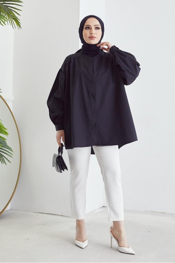 Hakim Yaka Balon Kol Salaş Tesettür Gömlek Siyah 61378 Hakim Yaka Balon Kol Salaş Tesettür Gömlek Siyah 61378