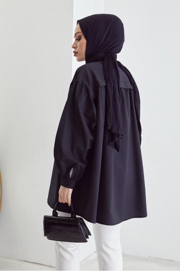 Hakim Yaka Balon Kol Salaş Tesettür Gömlek Siyah 61378 Hakim Yaka Balon Kol Salaş Tesettür Gömlek Siyah 61378